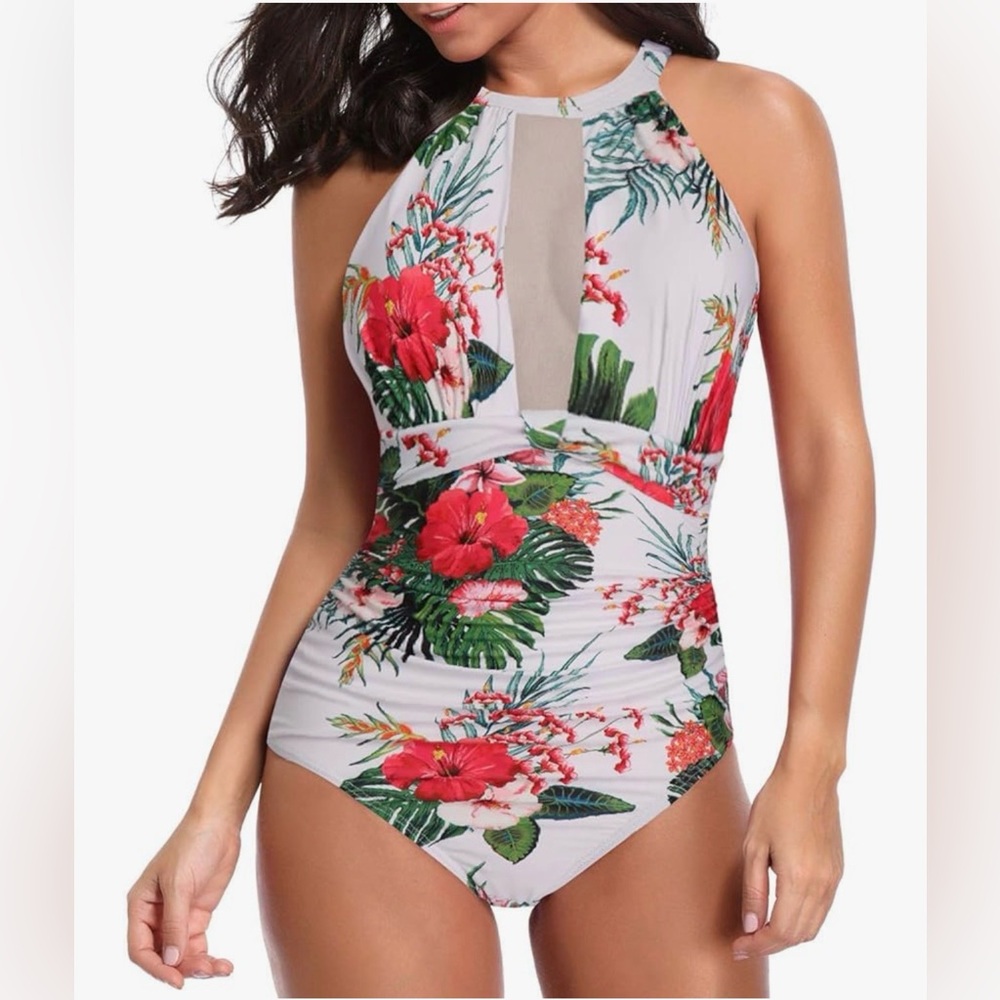 Tempt Me Floral High-Neck One-Piece Swimsuit - White/Red Size Medium